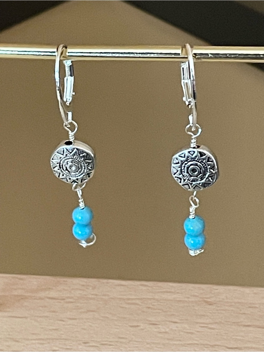 Hand Crafted Silver Sun Medallion Earrings with Turquoise Beads